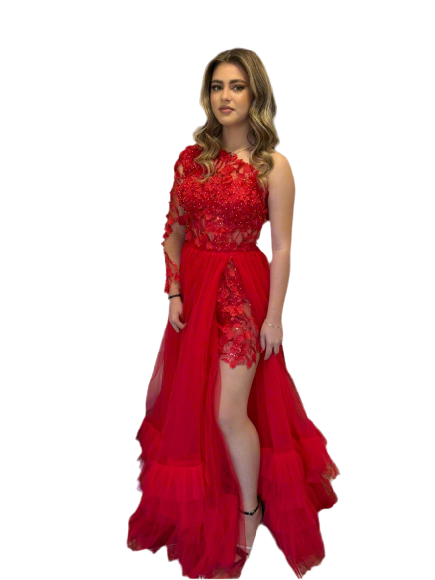 Rochie de seară roșie din tulle & dantelă cu aplicații 3D